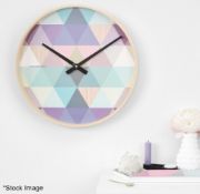 1 x CLOUDNOLA Tonic Blue Wooden Wall Clock With Geometric Pastel Patterned Birch Wood 40cm - Boxed