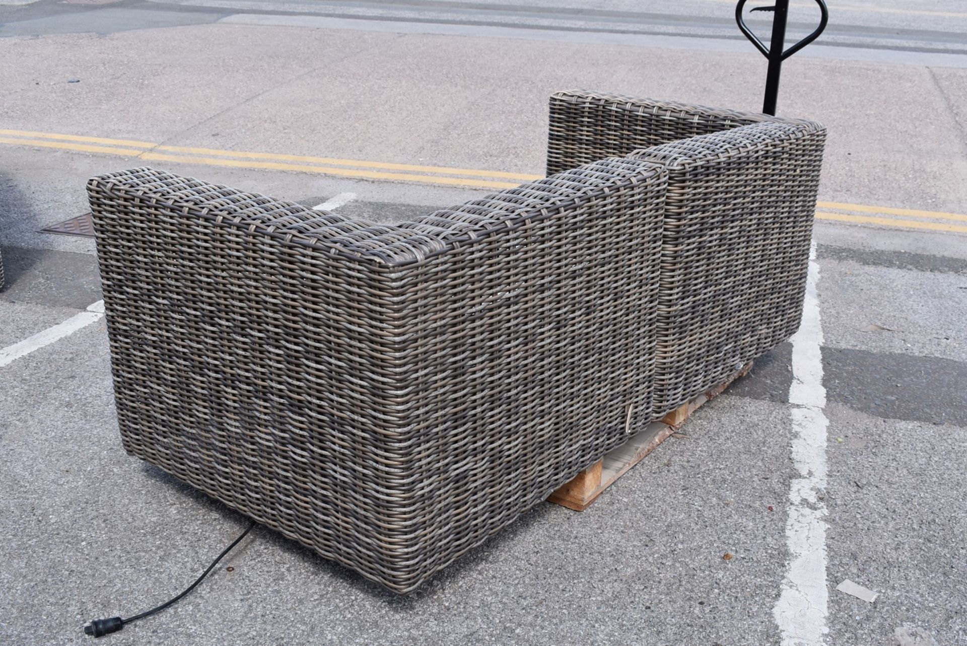 1 x Rattan Garden Furniture Sofa With Heated Seat Pads & Protector Cover - Cushions Not Included - Image 9 of 12