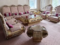 1 x Italian Designed Velvet And Gold Living Room Set With Marble And Gold Central And Side Tables
