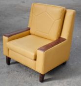 Pair Of Contemporary Commercial Armchairs, Upholstered In A Premium Canary Yellow and Tan Faux