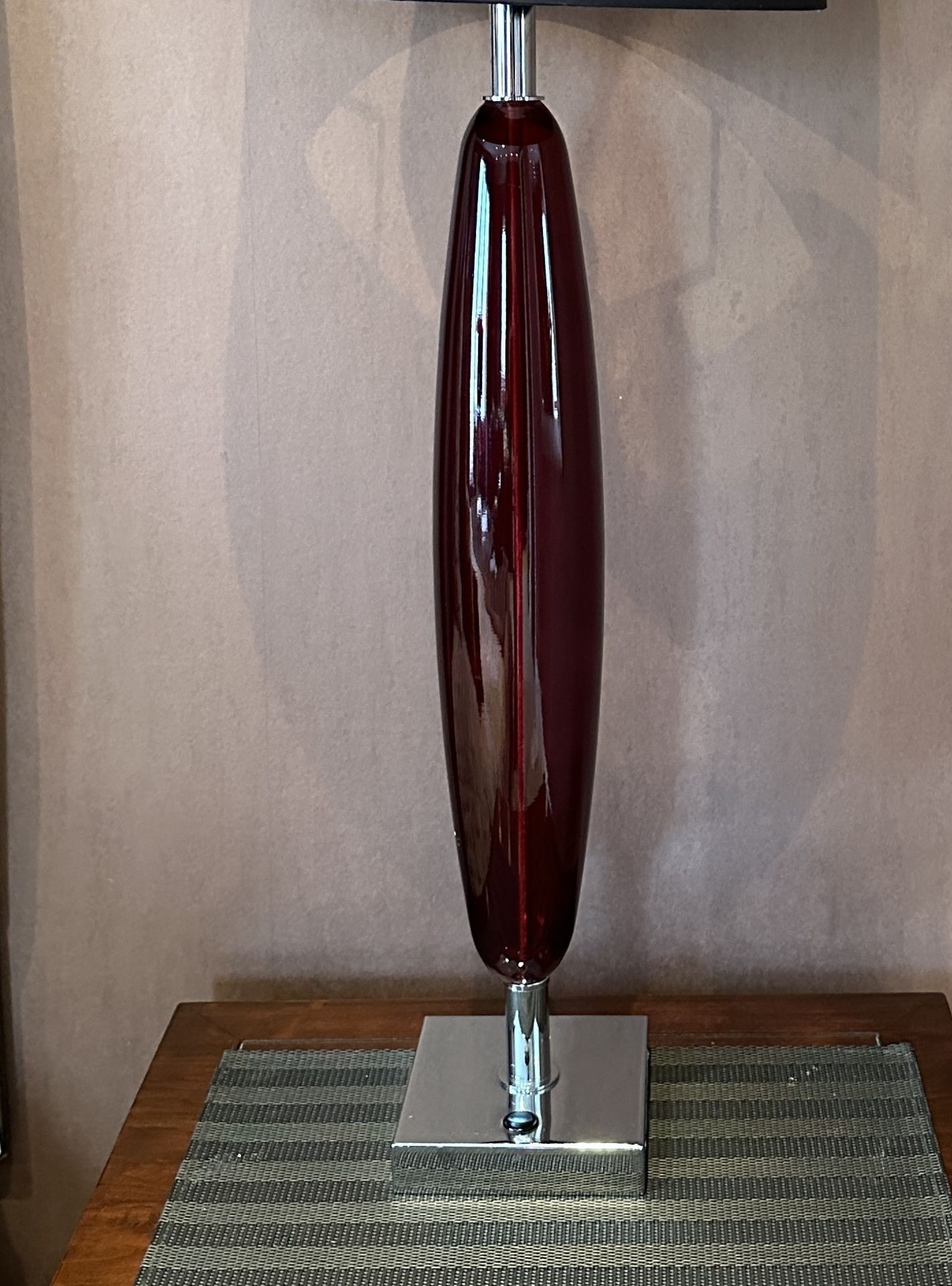 2 x Dark Red Glass Lamps With Black Shades And Silver Metal Base - Image 3 of 4