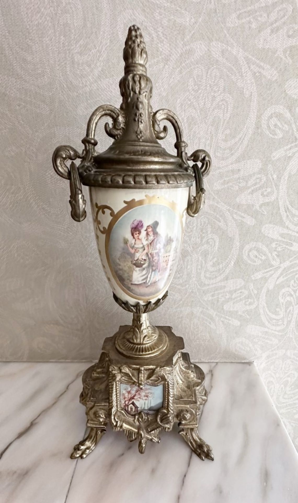 1 x Porcelain And Brass FRENCH SEVRES Vase/Jar. Hand Painted With Gold Leaf Design - Image 2 of 7