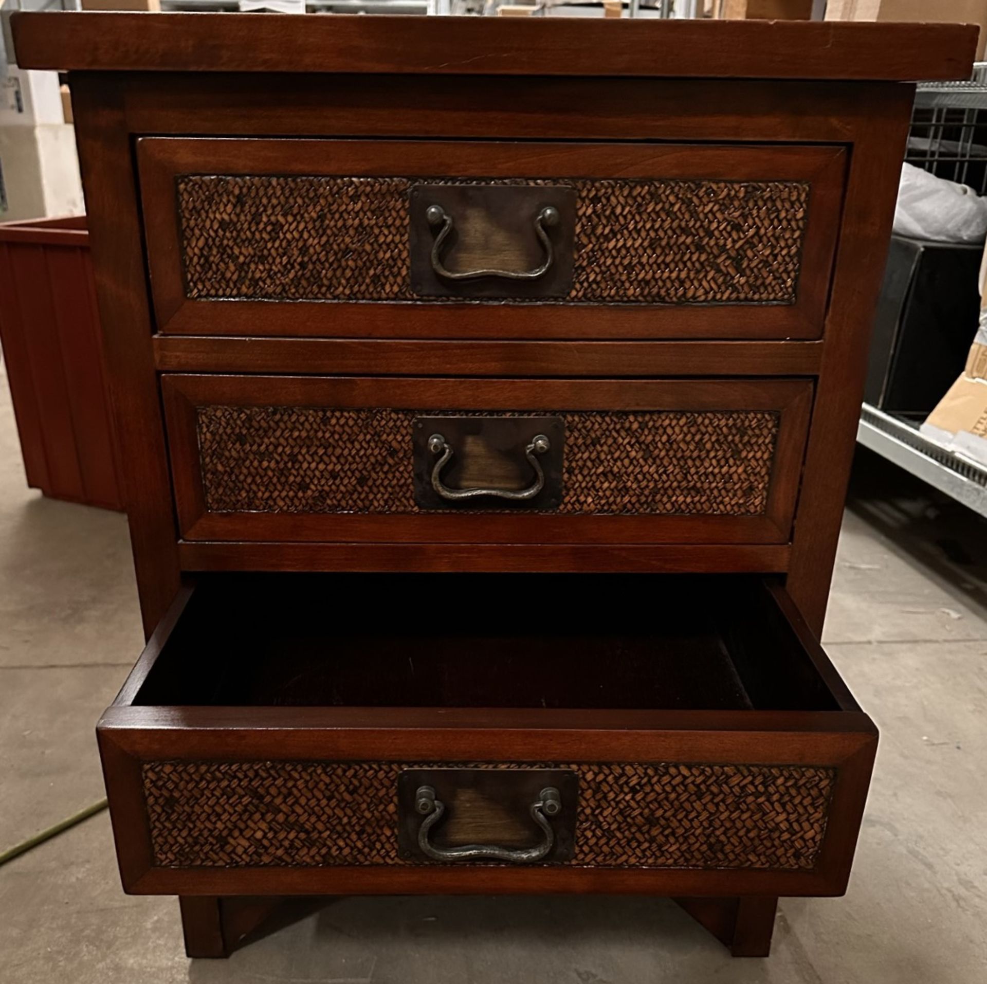 2 x SOLID Dark Wood Set Of Bedside Drawers With Bronze Catches And Rattan Detail  - From An Upmarket - Image 3 of 5