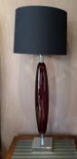 2 x Dark Red Glass Lamps With Black Shades And Silver Metal Base