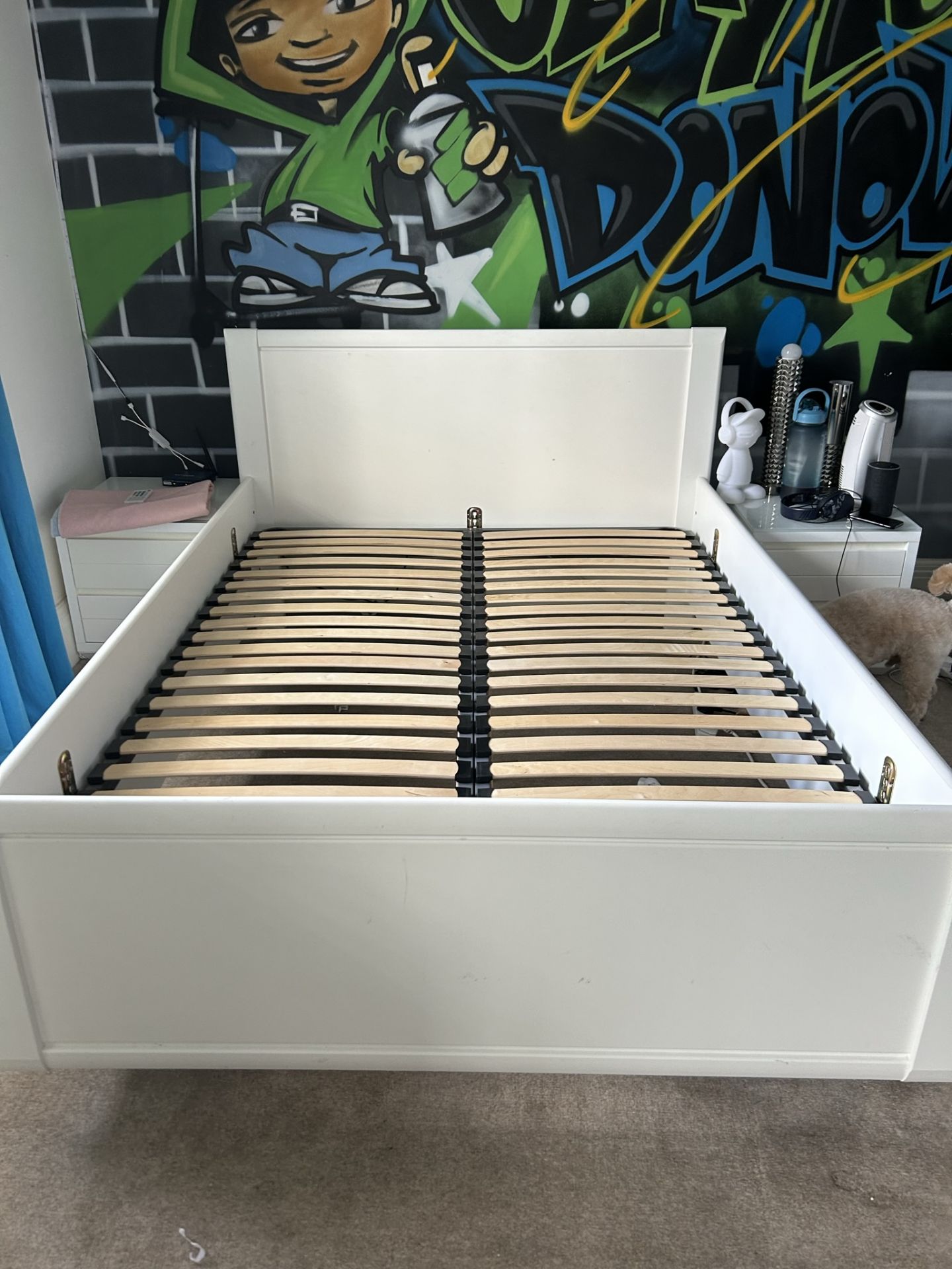 1 x Double Bed With Wooden Slatted Base, In White From Reputable Furniture Shop, Cousins. RRP £749.