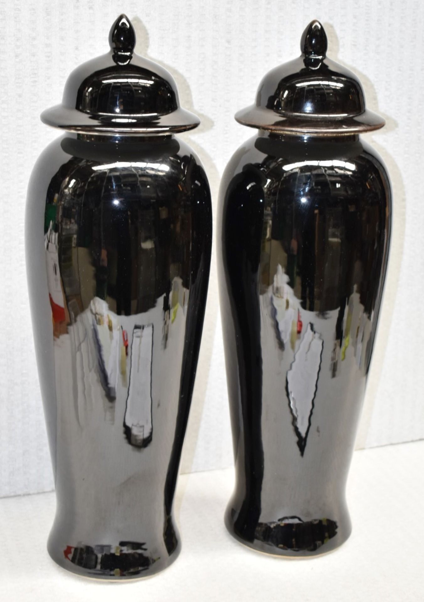 A Pair Of Rare Freestanding Tall Tea Pot Urns, With A Near Black Glaze - Original Total Cost £844.00