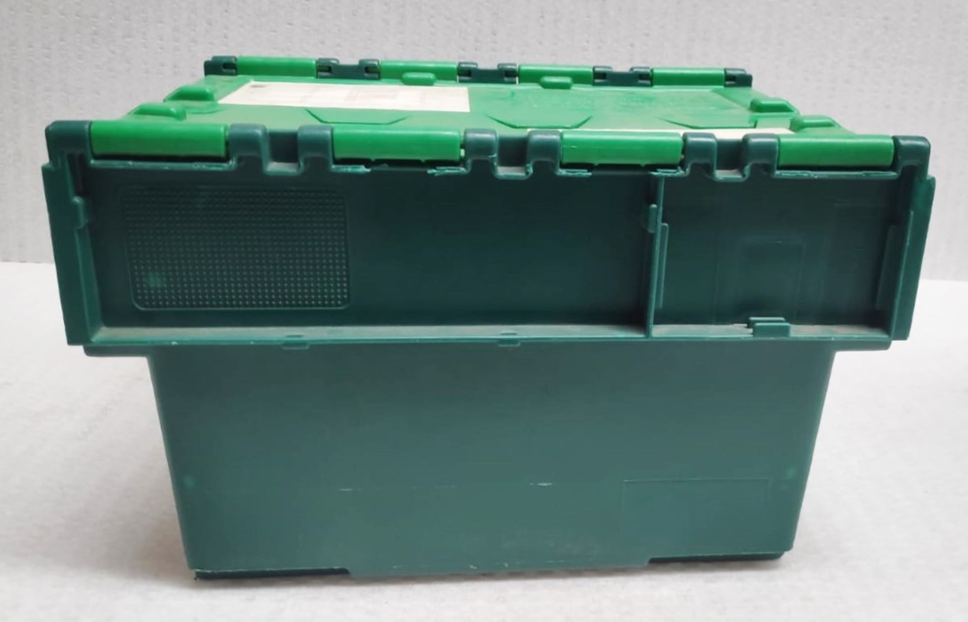 20 x Robust Compact Green Plastic Stackable Secure Storage Boxes With Attached Hinged Lids - - Image 4 of 6