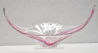 1 x Artisan Hand-blown Decorative Clear Glass Bowl With A Pink Ripple Motif - Ref: CNT756/WH2/