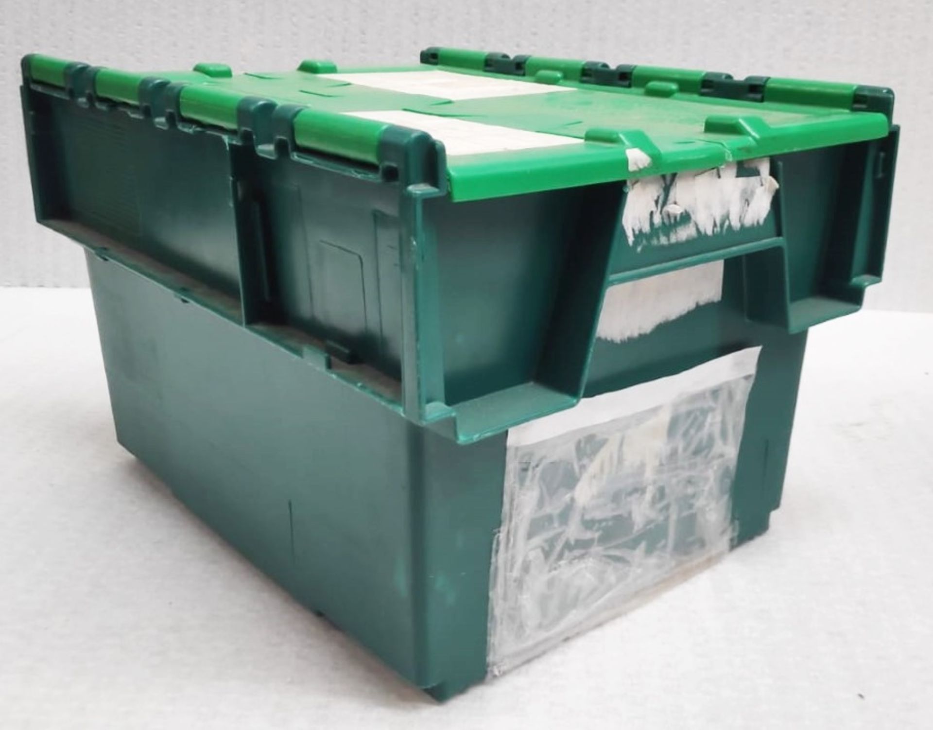 20 x Robust Compact Green Plastic Stackable Secure Storage Boxes With Attached Hinged Lids - Image 6 of 6