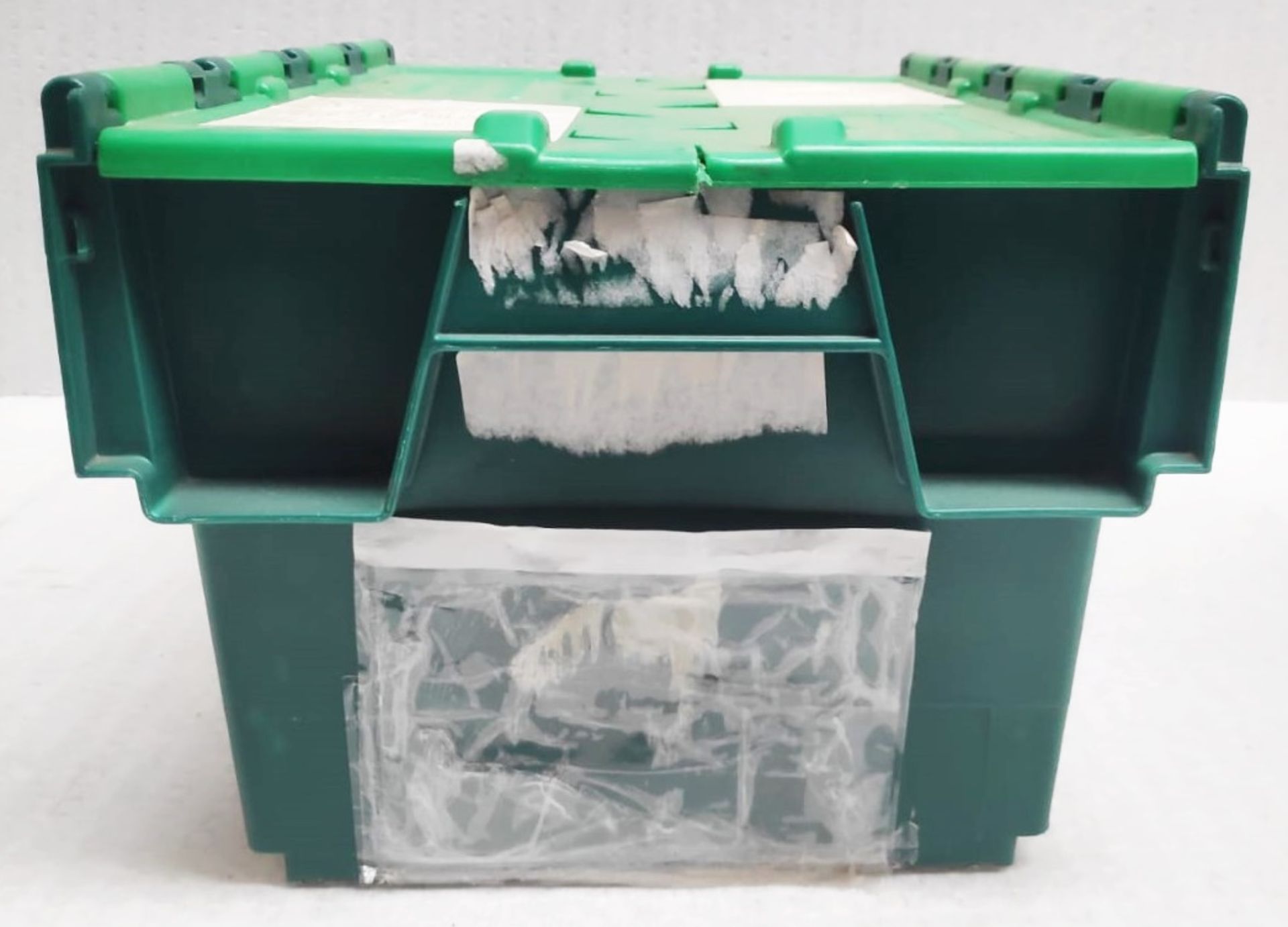 20 x Robust Compact Green Plastic Stackable Secure Storage Boxes With Attached Hinged Lids - Image 4 of 6