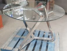 1 x Elegant Glass Topped Round Dining Tables With Angled Chrome Base - Dimensions: Ø120 x H75cm