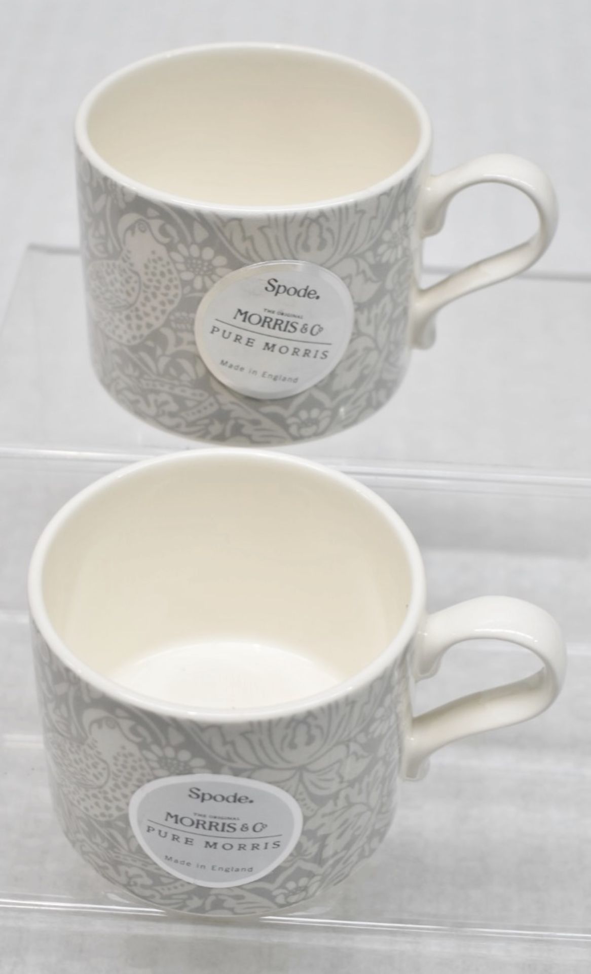 2 x SPODE Pure Morris Strawberry Thief Earthenware Teacups, In Light Grey - Unused Boxed Stock -