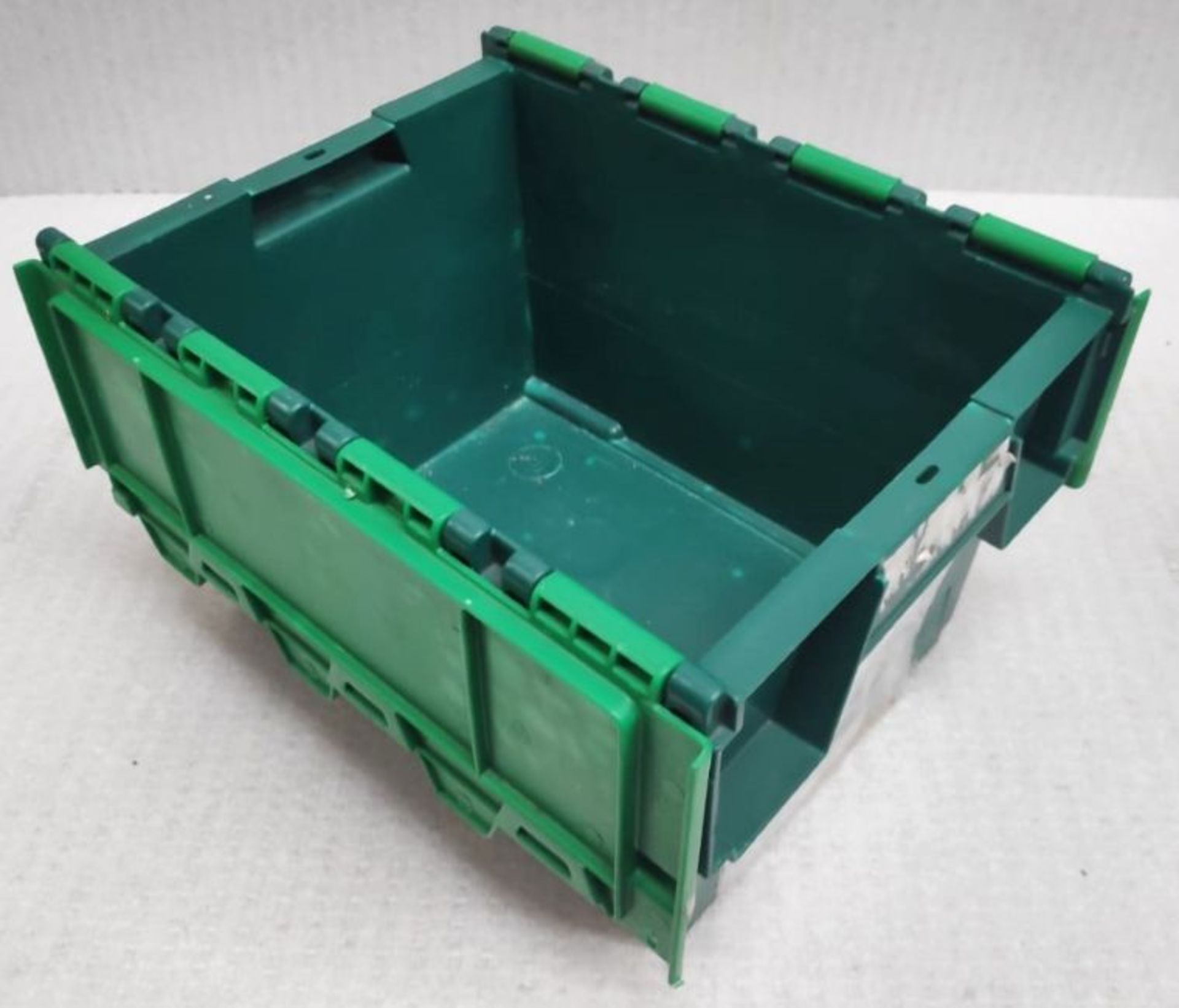 20 x Robust Compact Green Plastic Stackable Secure Storage Boxes With Attached Hinged Lids -