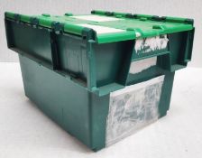 20 x Robust Compact Green Plastic Stackable Secure Storage Boxes With Attached Hinged Lids -
