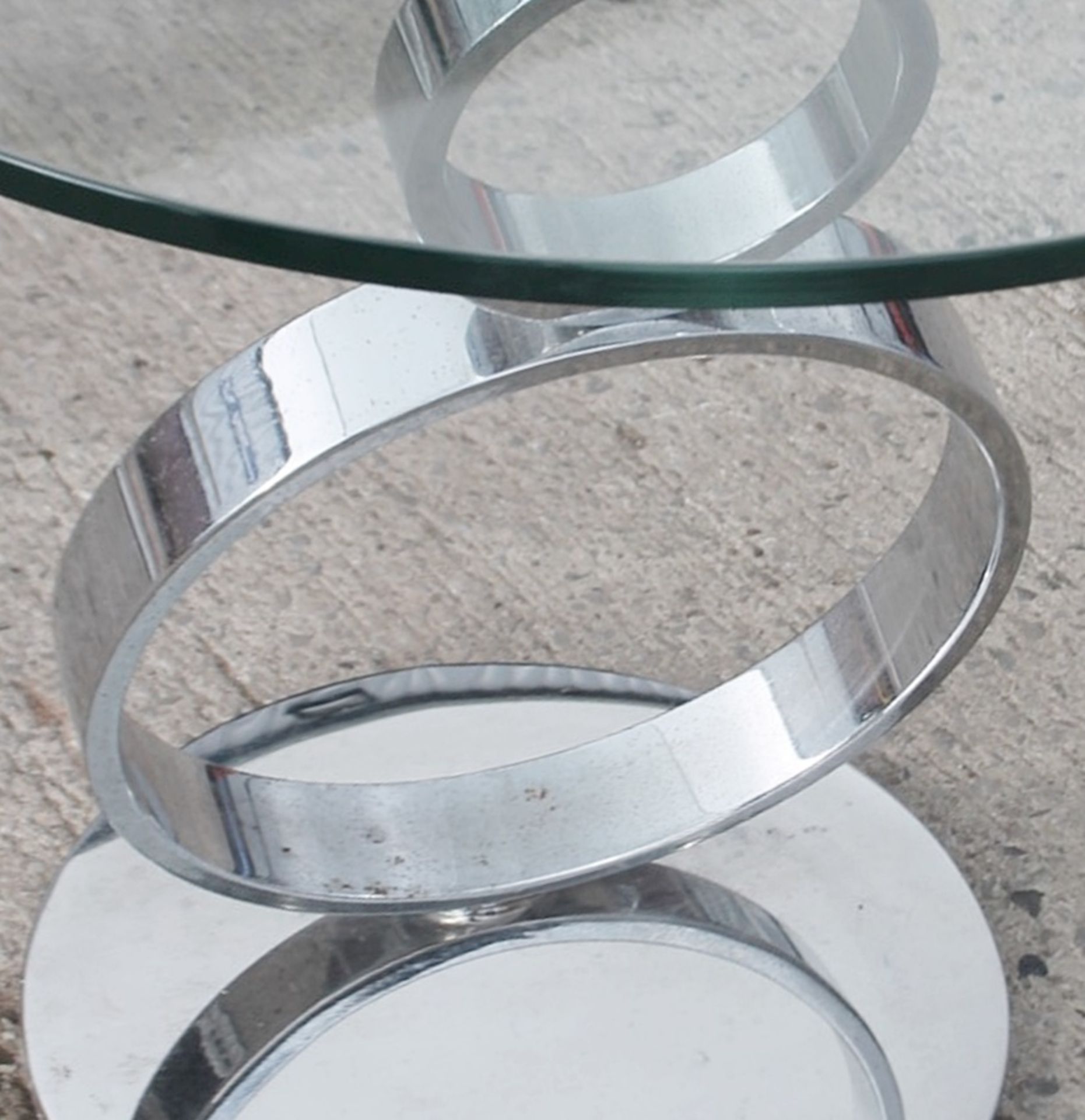 1 x Small Circular Glass / Chrome Table With A Slanted Base - Recently Relocated From An Exclusive - Image 3 of 5