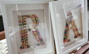 1 x CRAYOLA Crayon R & A Lettered Hand-Crafted With Vintage Crayons Framed In White Wooden Frames