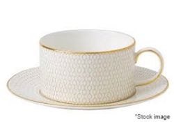1 x WEDGWOOD 'Arris' Bone China Teacup and Saucer Featuring A Gold Geometric Print - RRP £60.00