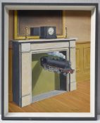 1 x 'Train In Fireplace' Original Oil On Canvas By Alan Hawkins