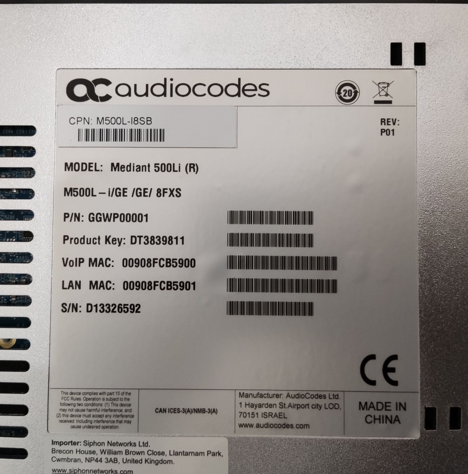 1 x Audiocodes Mediant 500L-i Multi Service Business Router - LBC108 - CL011 - Location: Altrincham - Image 5 of 7