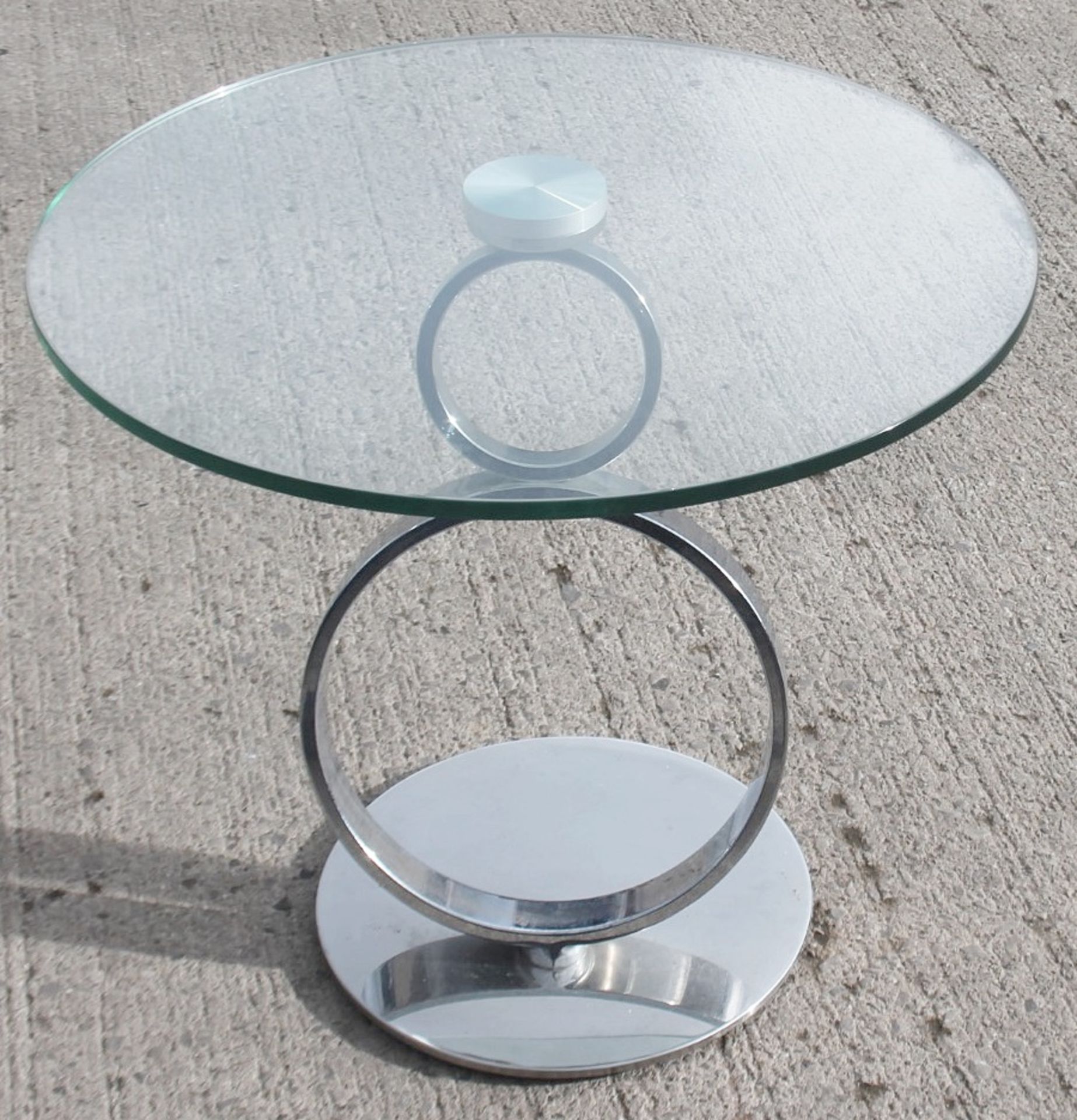 1 x Small Circular Glass / Chrome Table With A Slanted Base - Recently Relocated From An Exclusive - Image 2 of 5