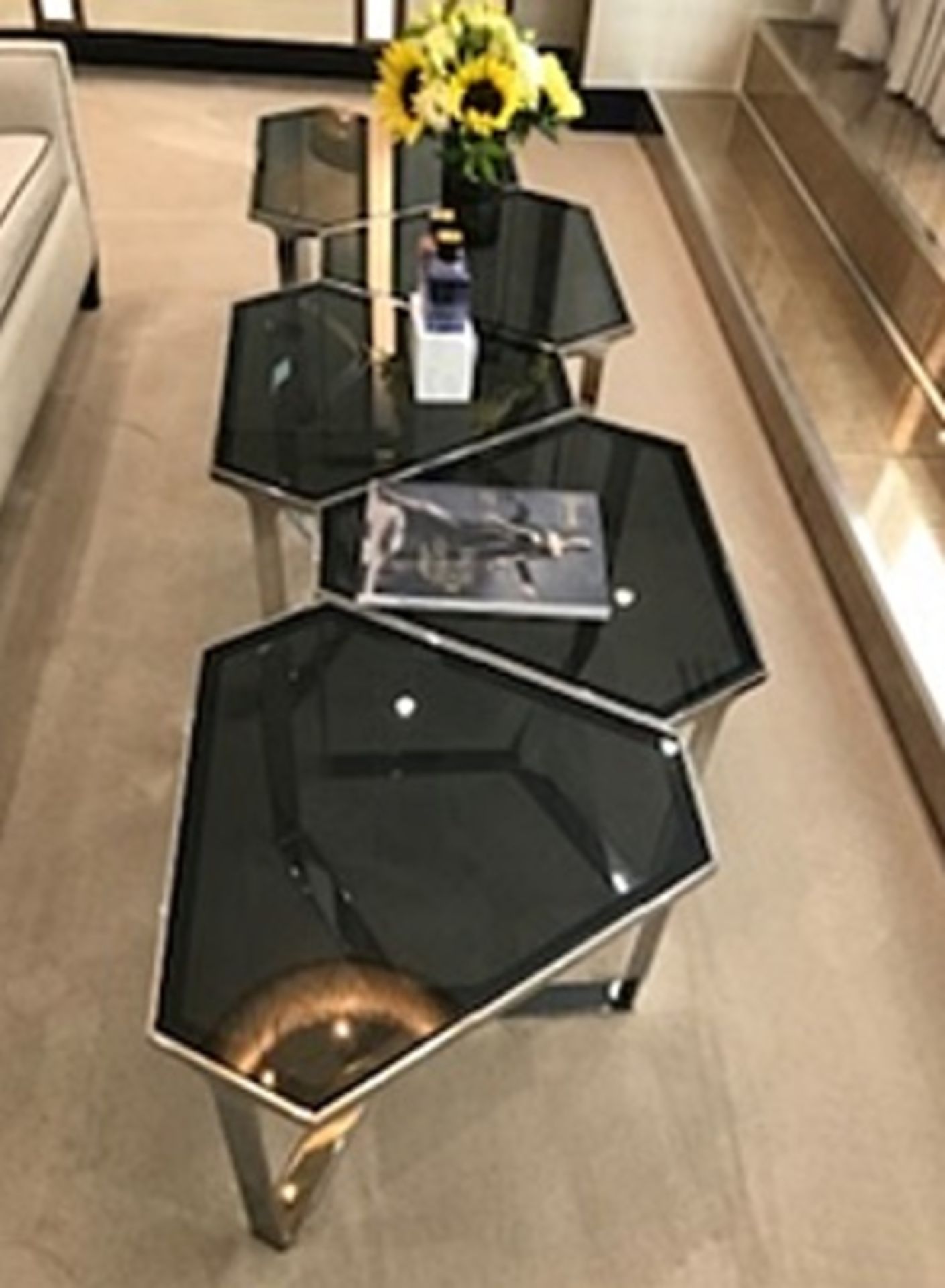 1 x Designer 5-Section Geometric Coffee Table, With Tinted Glass Tops and Chromed Bases