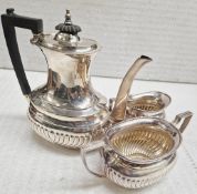 1 x Edwardian Style Silver Plated Tea Pot Set With Creamer and Sugar Pot - Bakelite details