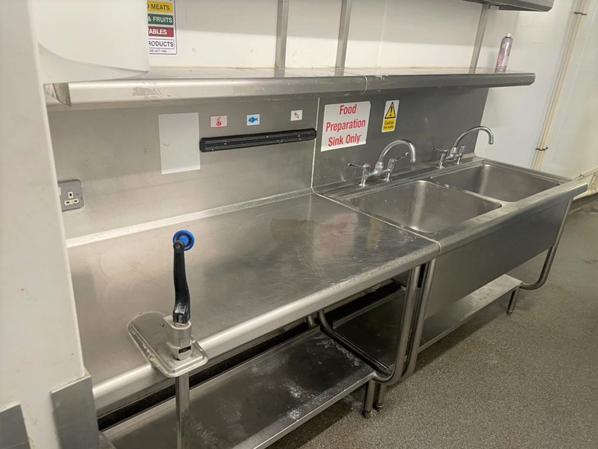 1 x Stainless Steel Commercial Wash Stand With Twin Sink Basins, Mixer Taps, Overhead Shelves, - Image 8 of 10