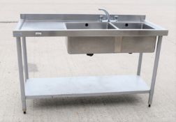 1 x Vogue Stainless Steel Twin Sink Wash Stand With Mixer Tap, Upstand & Undershelf