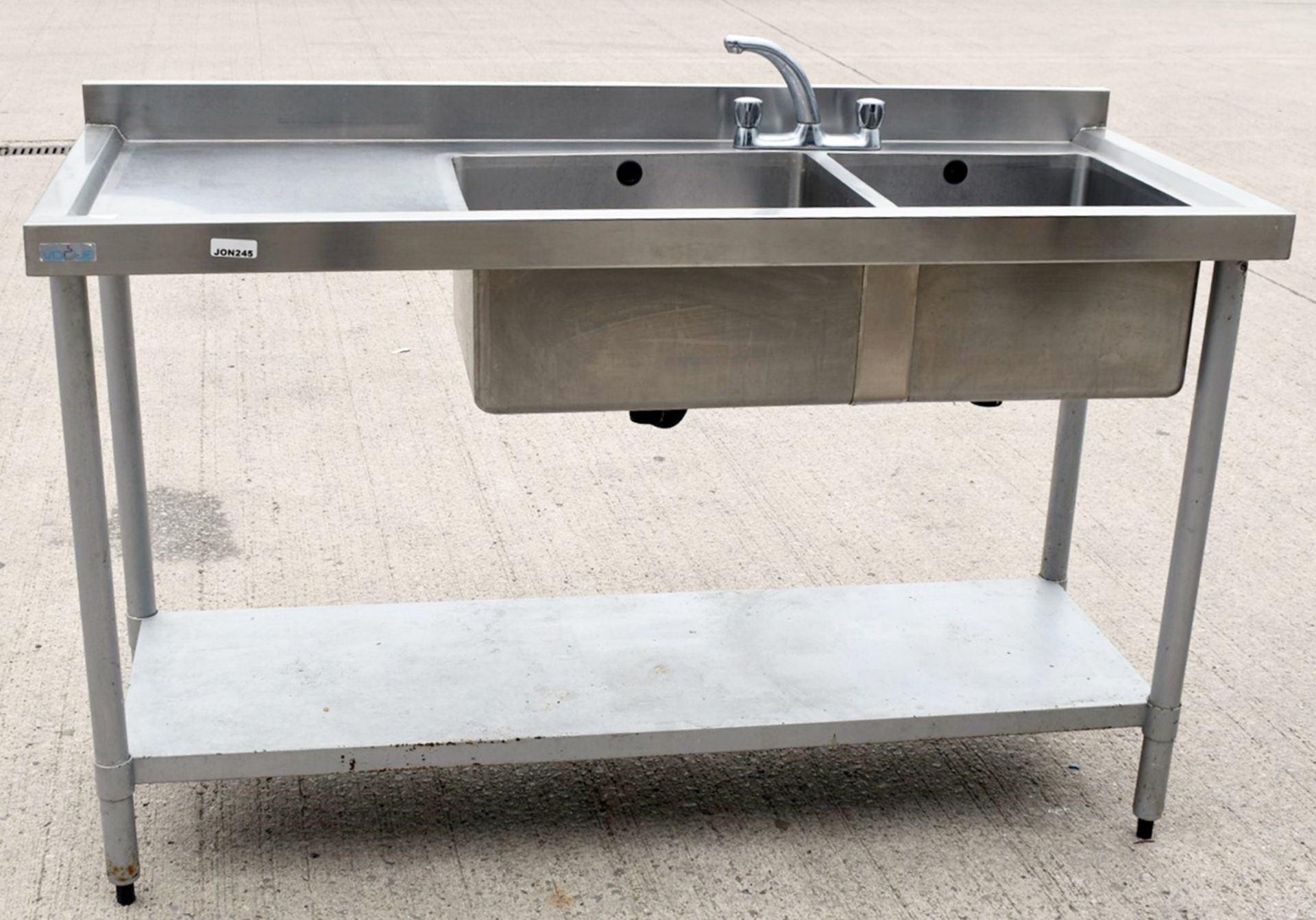 1 x Vogue Stainless Steel Twin Sink Wash Stand With Mixer Tap, Upstand & Undershelf - Image 6 of 11