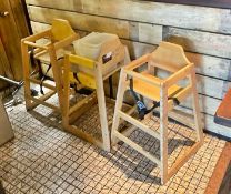 3 x Wooden High Chairs - Commercial Grade With Safety Straps and Light Wood Finish