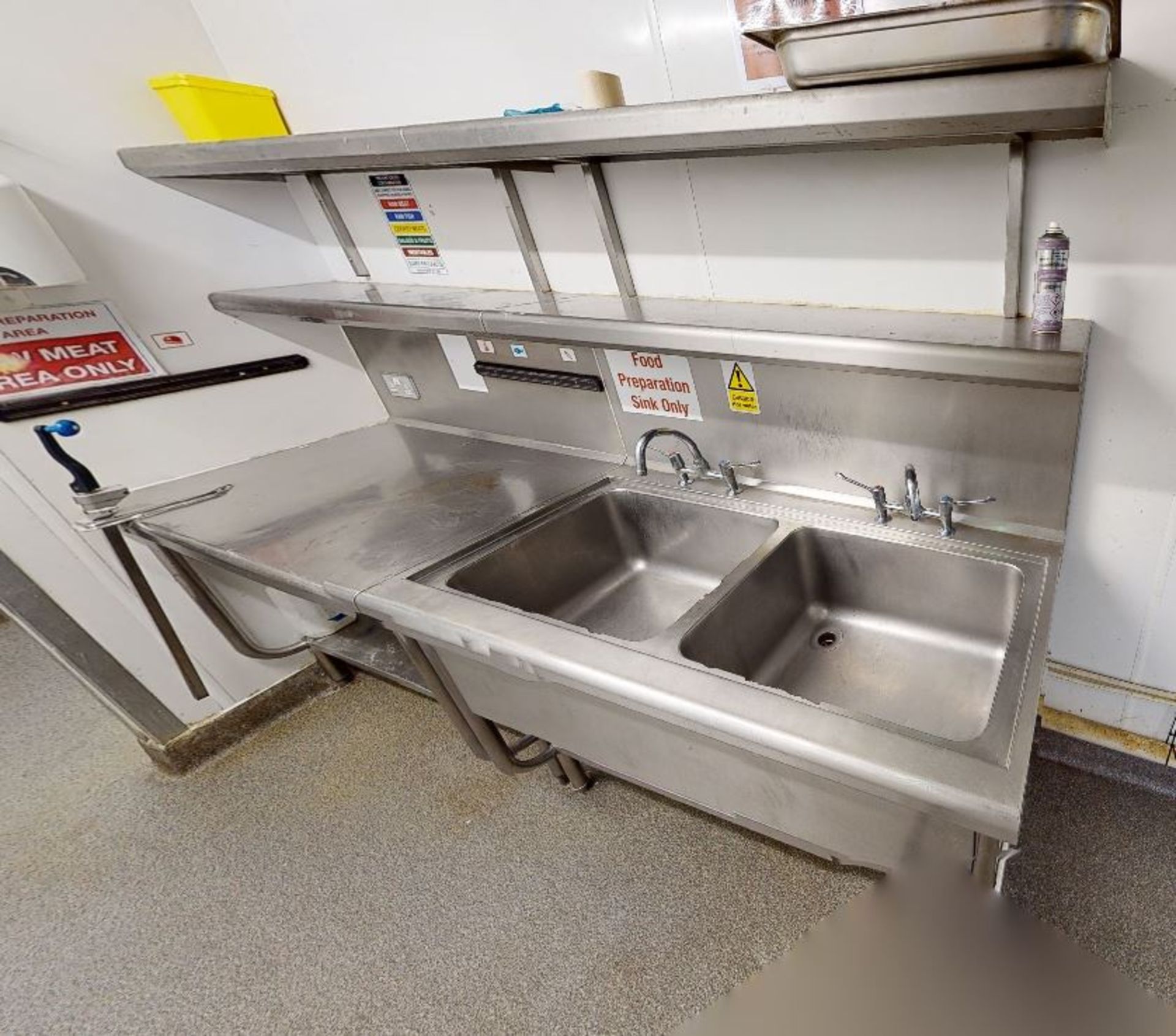 1 x Stainless Steel Commercial Wash Stand With Twin Sink Basins, Mixer Taps, Overhead Shelves, - Image 2 of 10