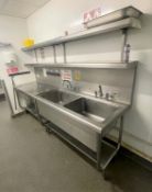 1 x Stainless Steel Commercial Wash Stand With Twin Sink Basins, Mixer Taps, Overhead Shelves,
