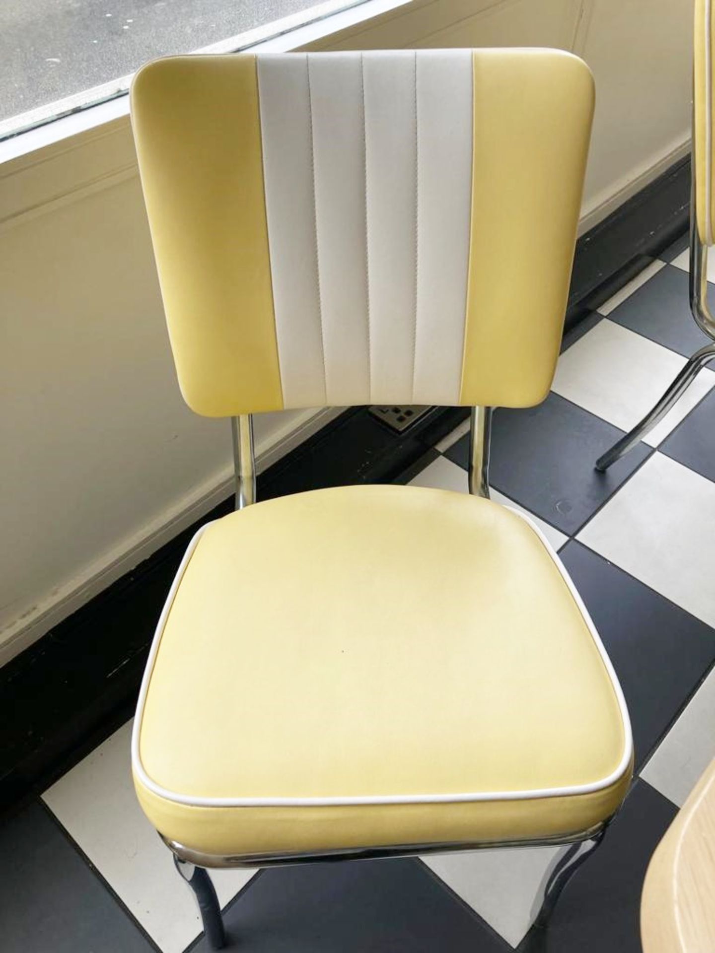 8 x Restaurant Dining Chairs With Chrome Bases and Faux Leather Upholstery Finished in Lemon and - Image 4 of 7
