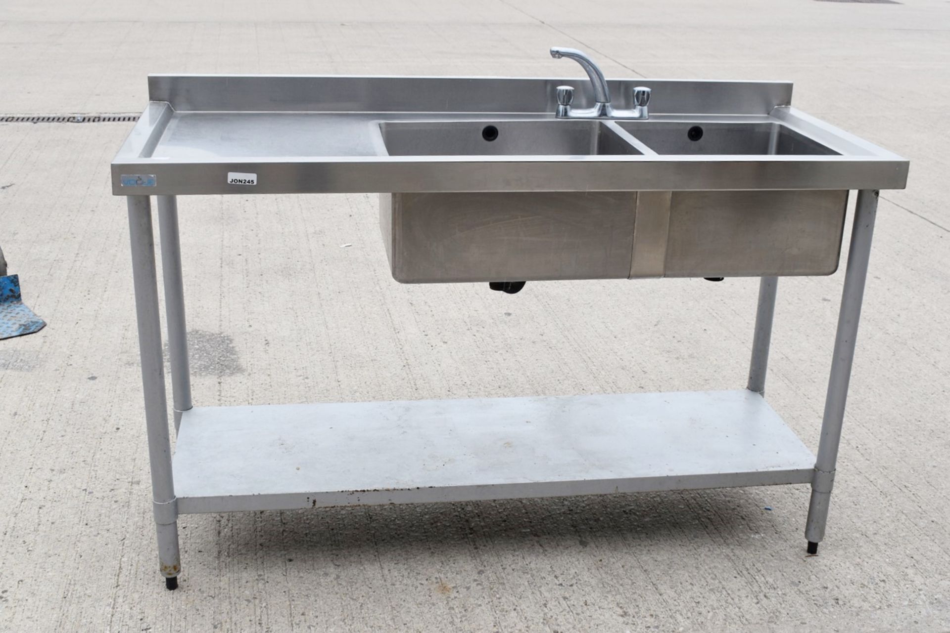 1 x Vogue Stainless Steel Twin Sink Wash Stand With Mixer Tap, Upstand & Undershelf - Image 4 of 11