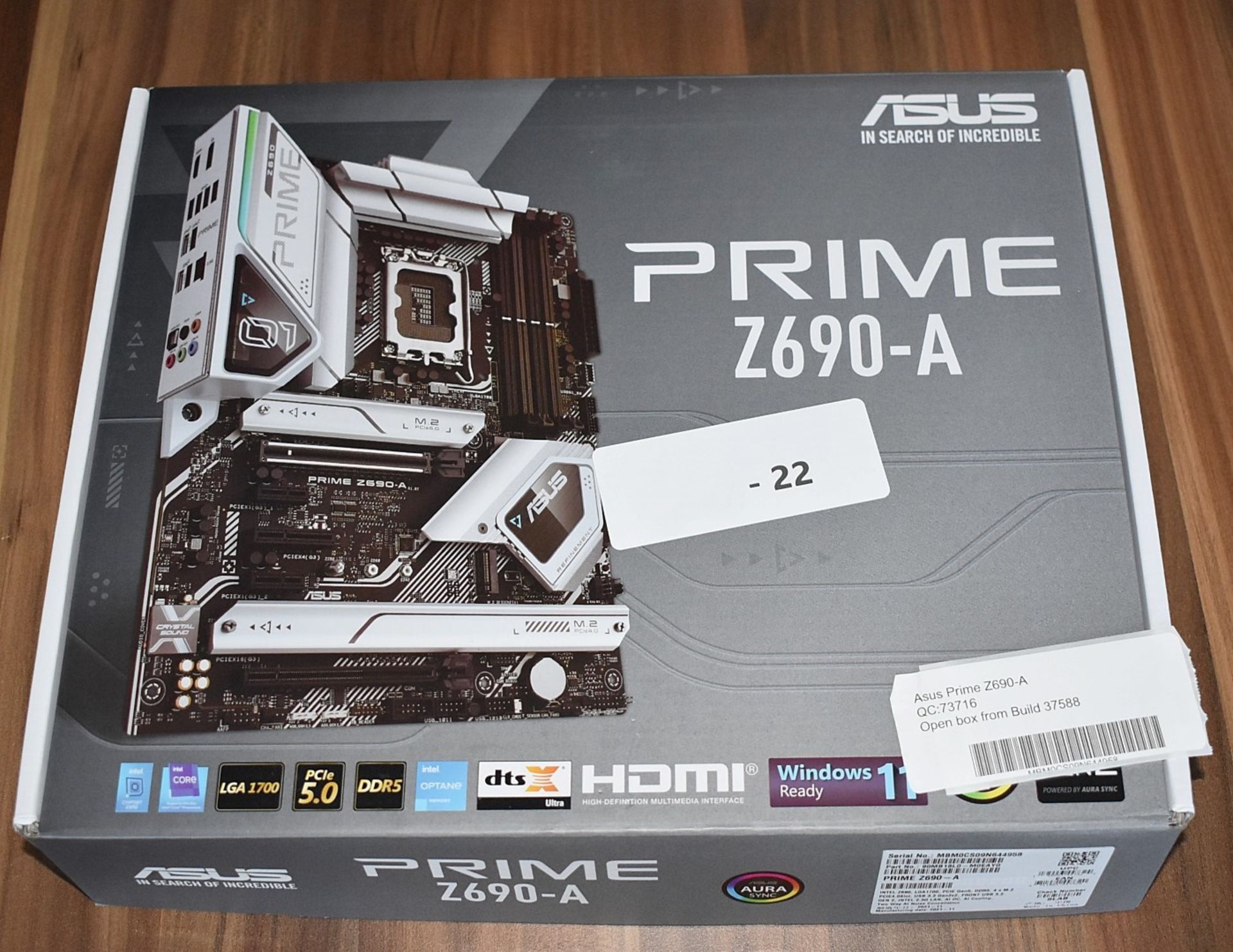 1 x Asus Prime Z690-A 12th Gen Intel LGA1700 Motherboard - Features PCIe 5.0, DDR5, Aura Sync