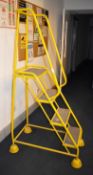 1 x Set of Four Tread Step Ladders With Hand Rail and Mobile Castors - Yellow Finish