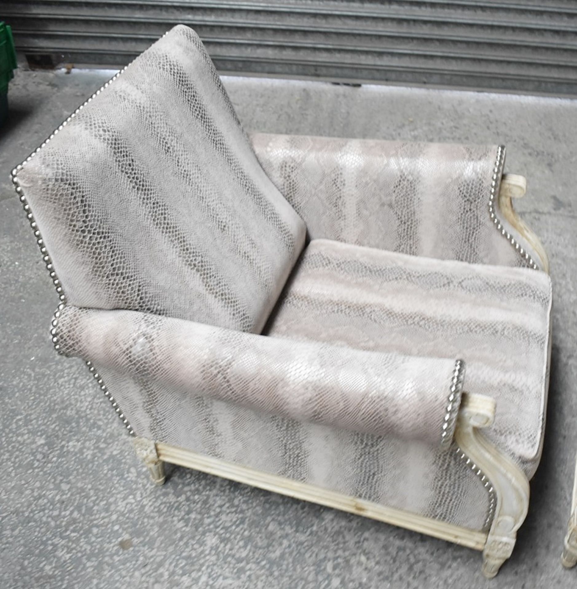 A Pair Of Bespoke Armchairs With A Matching Foot-stool, All Featuring Carved Frames, And Upholstered - Image 4 of 7