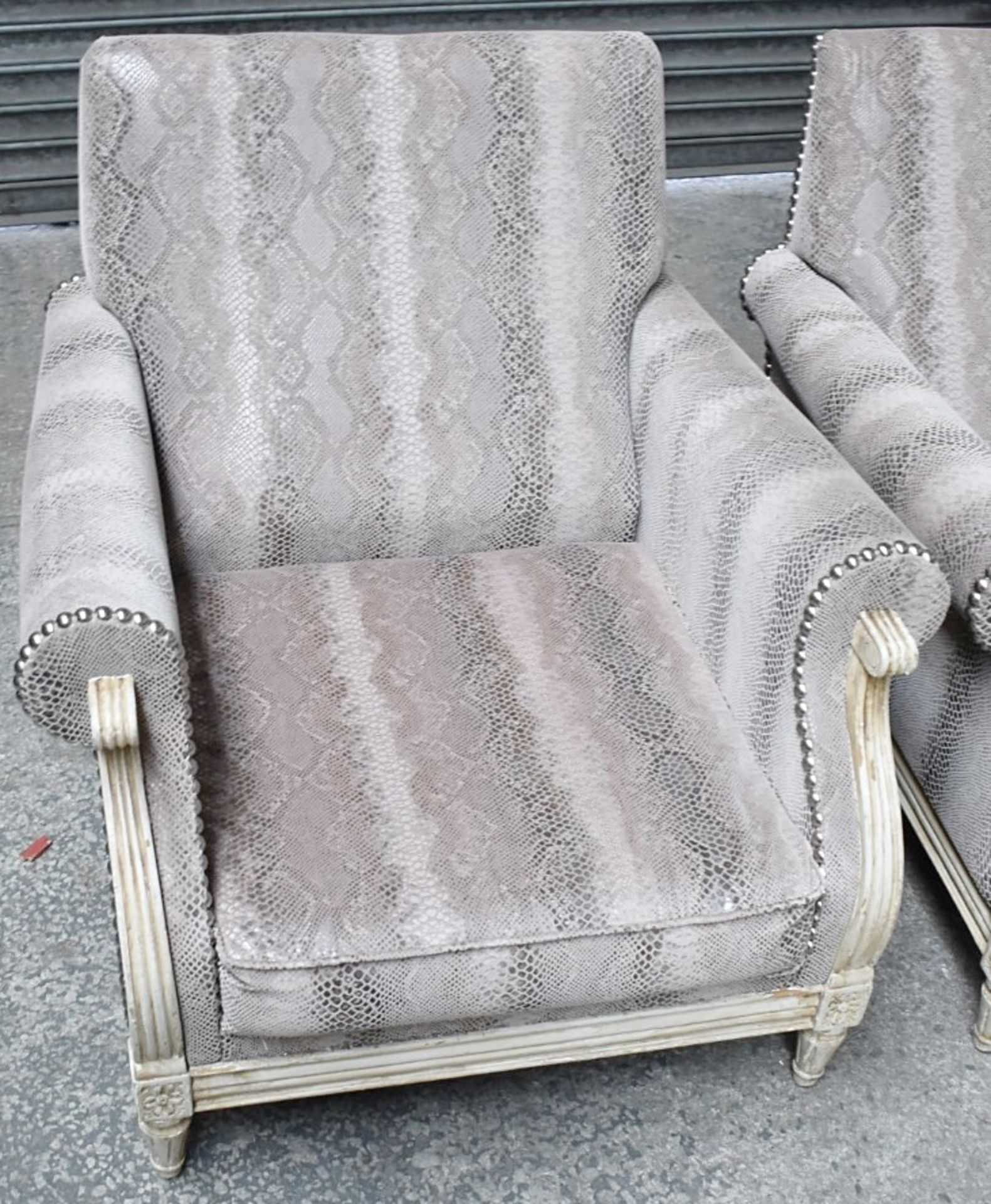 A Pair Of Bespoke Armchairs With A Matching Foot-stool, All Featuring Carved Frames, And Upholstered - Image 3 of 7