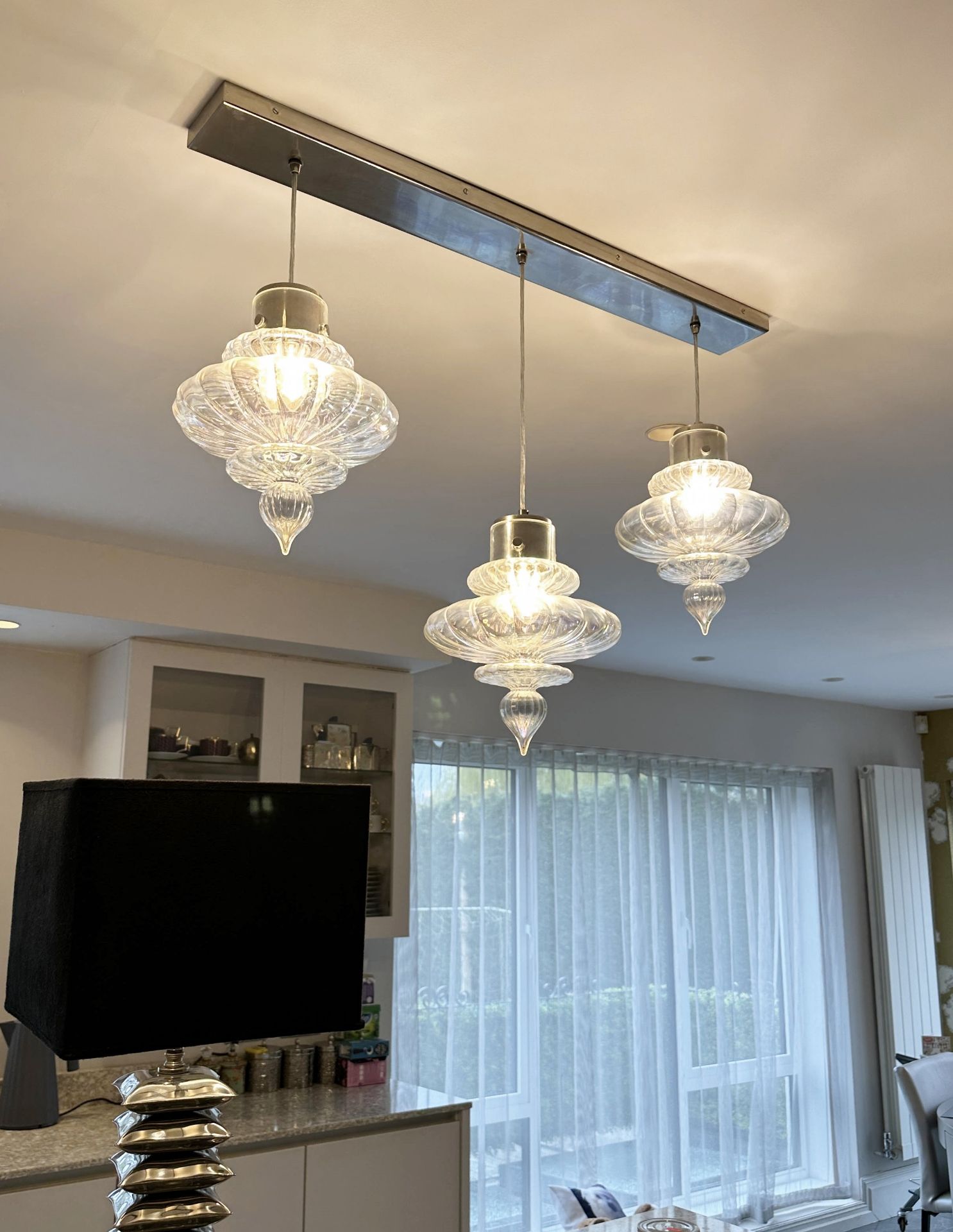 1 x HEATHFIELD & CO Luxury 'Basilca' Triple Pendant Light In Polished Nickel, With Fluted Artisan