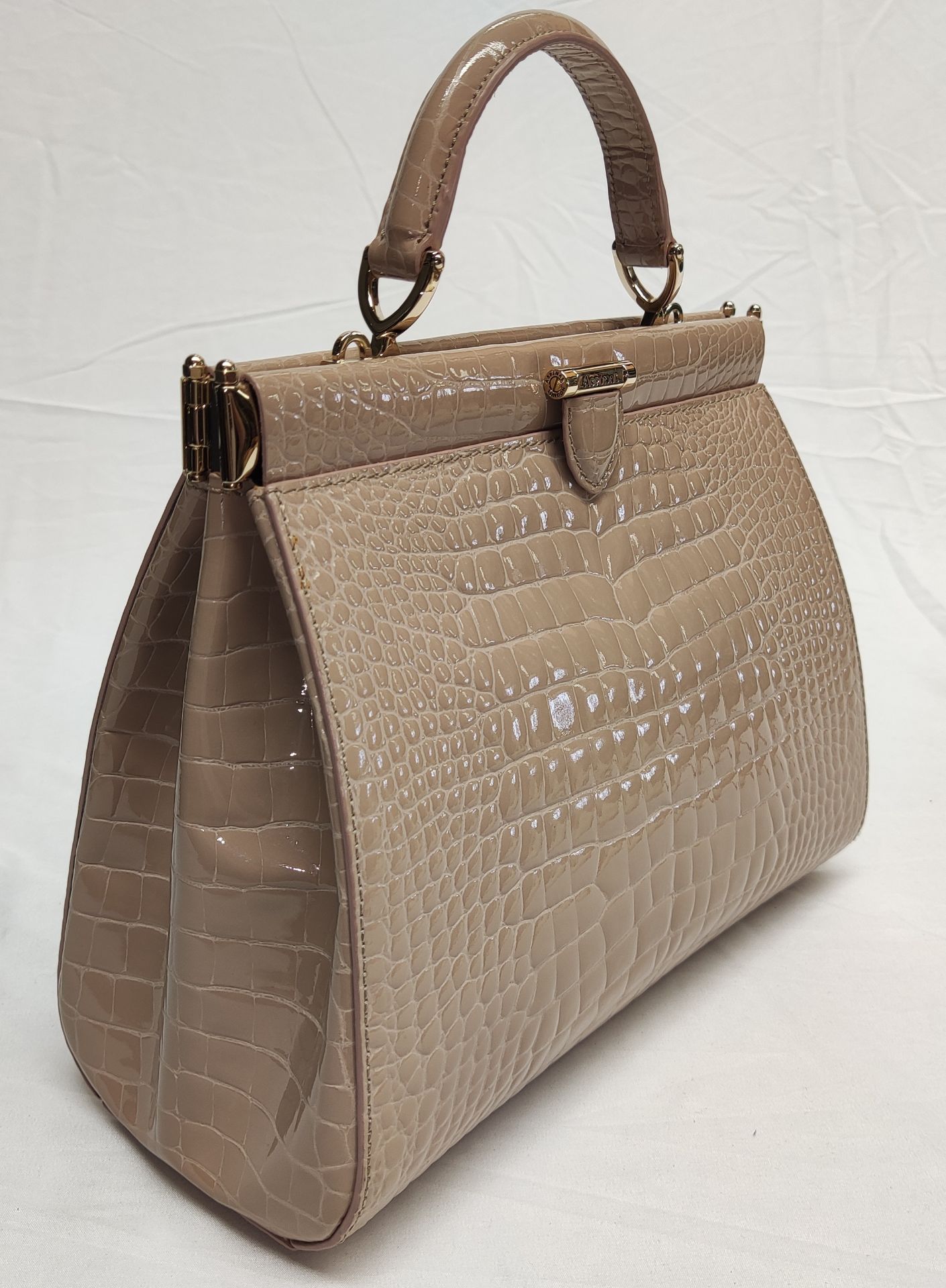 1 x ASPINAL OF LONDON Small Florence Frame Bag In Soft Taupe Patent Croc - Original RRP £995 -