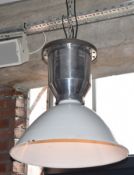 3 x Large Factory Lights With Enamelled Shades, Polished Aluminum Lamp Enclosure and Brushed Steel
