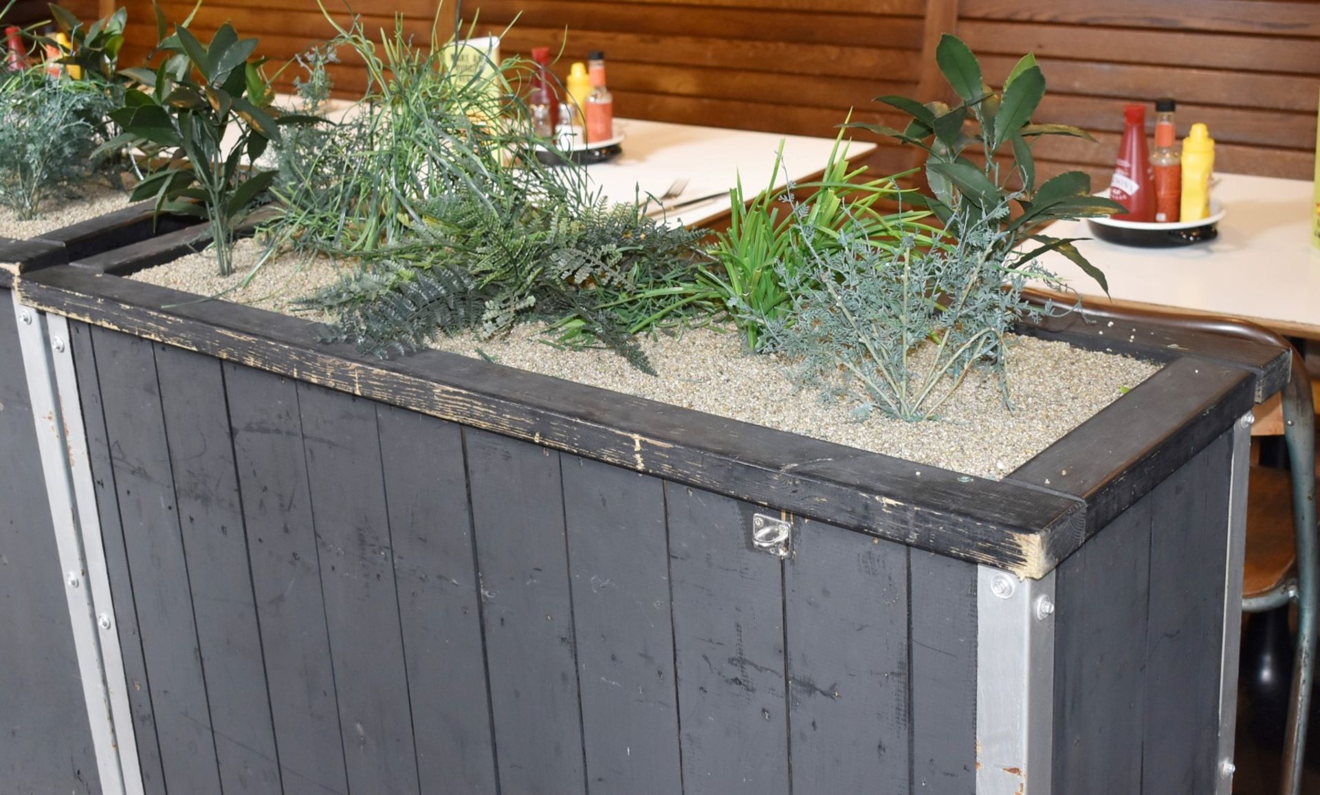 3 x Garden Planters on Wheels With Artificial Plants - Slatted Wooden Design in Grey - Image 2 of 8