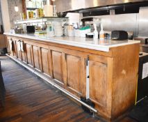 1 x Large 30ft Wood Panel Bar With White Marble Top, Heated Glass Gantry and Chrome Foot Rail