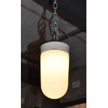 6 x Industrial Hanging Lamps With Porcelain Bases, White Opaline Glass and Cast Iron Hangers