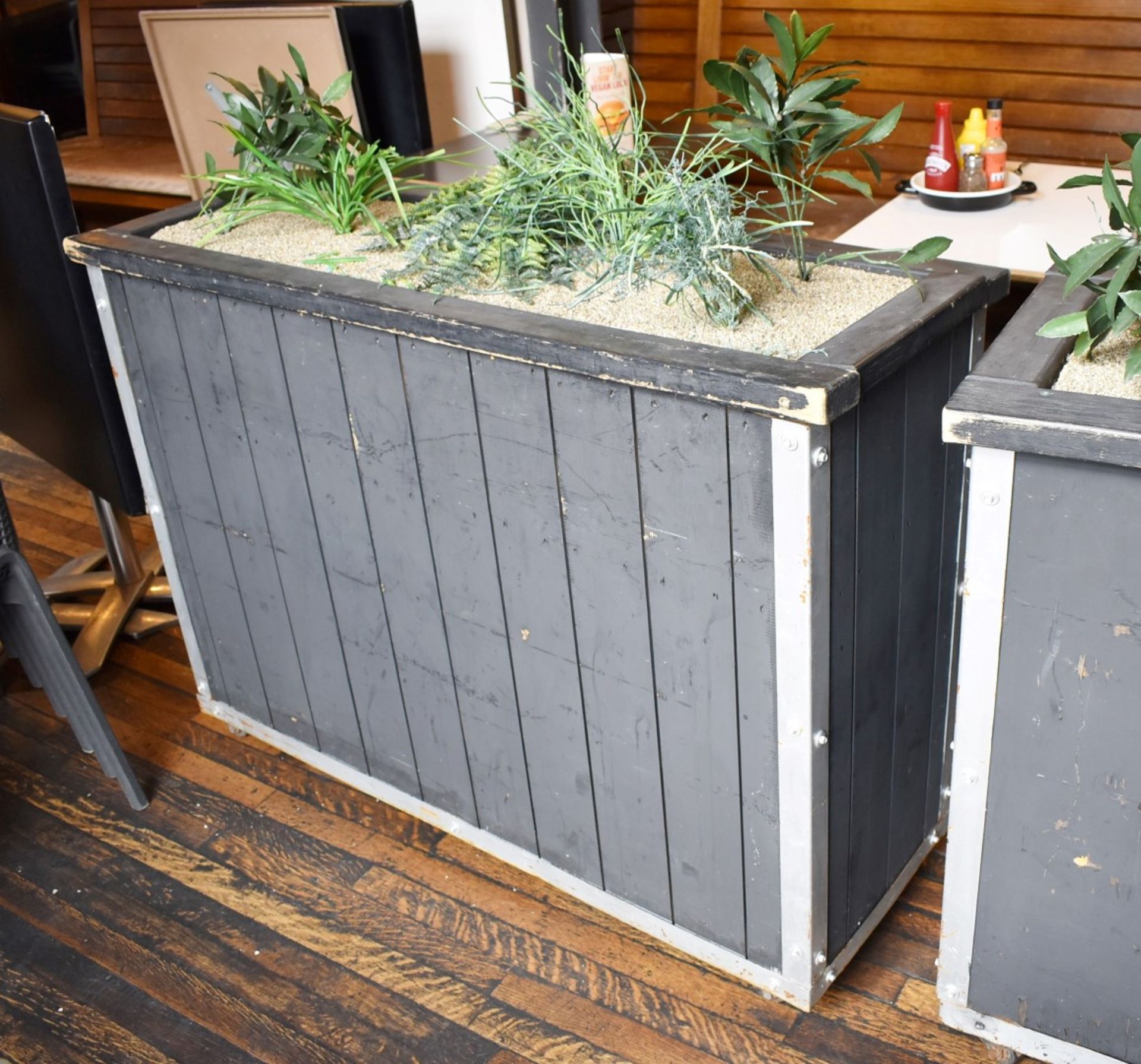 4 x Garden Planters on Wheels With Artificial Plants - Slatted Wooden Design in Grey - Image 8 of 8