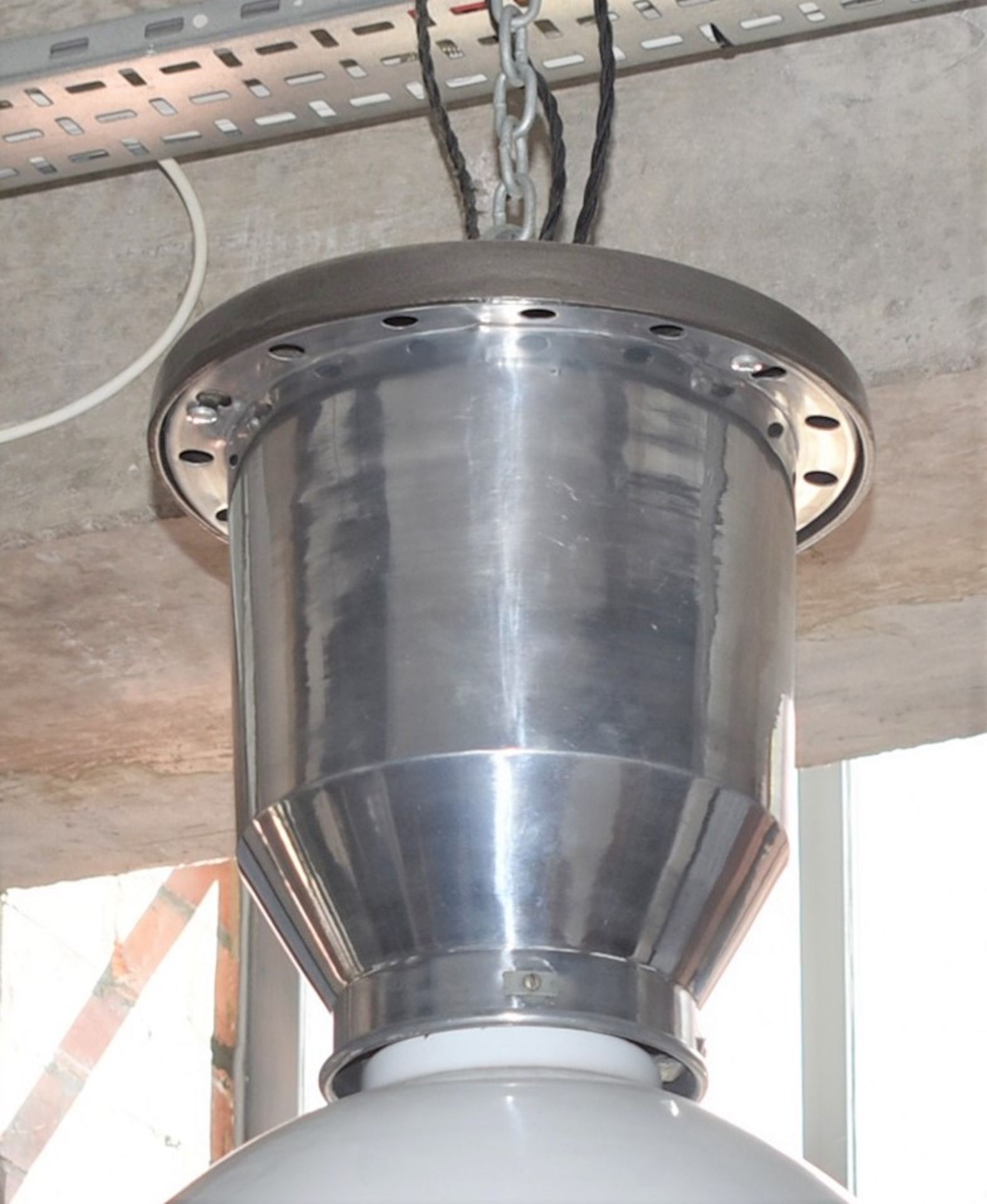 3 x Large Factory Lights With Enamelled Shades, Polished Aluminum Lamp Enclosure and Brushed Steel - Image 4 of 6
