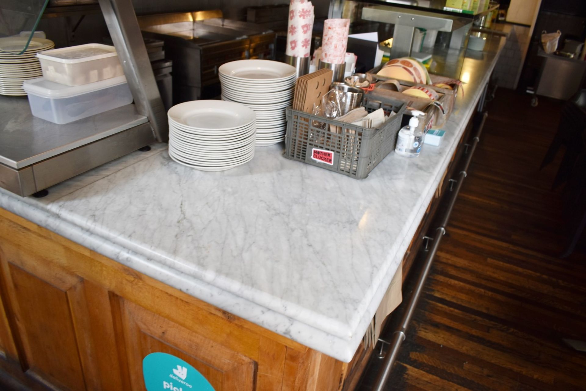 1 x Large 30ft Wood Panel Bar With White Marble Top, Heated Glass Gantry and Chrome Foot Rail - Image 17 of 22