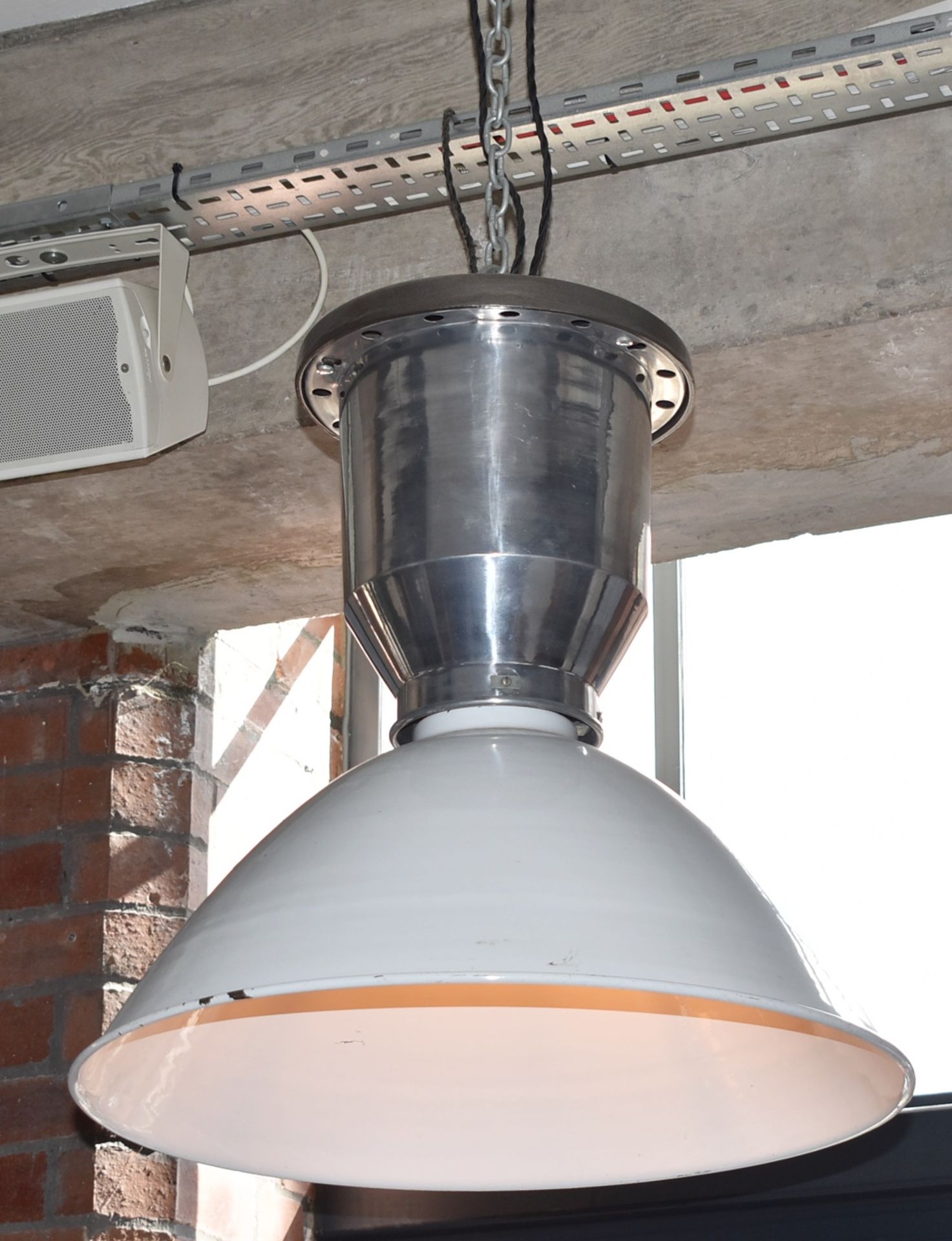 3 x Large Factory Lights With Enamelled Shades, Polished Aluminum Lamp Enclosure and Brushed Steel - Image 5 of 6