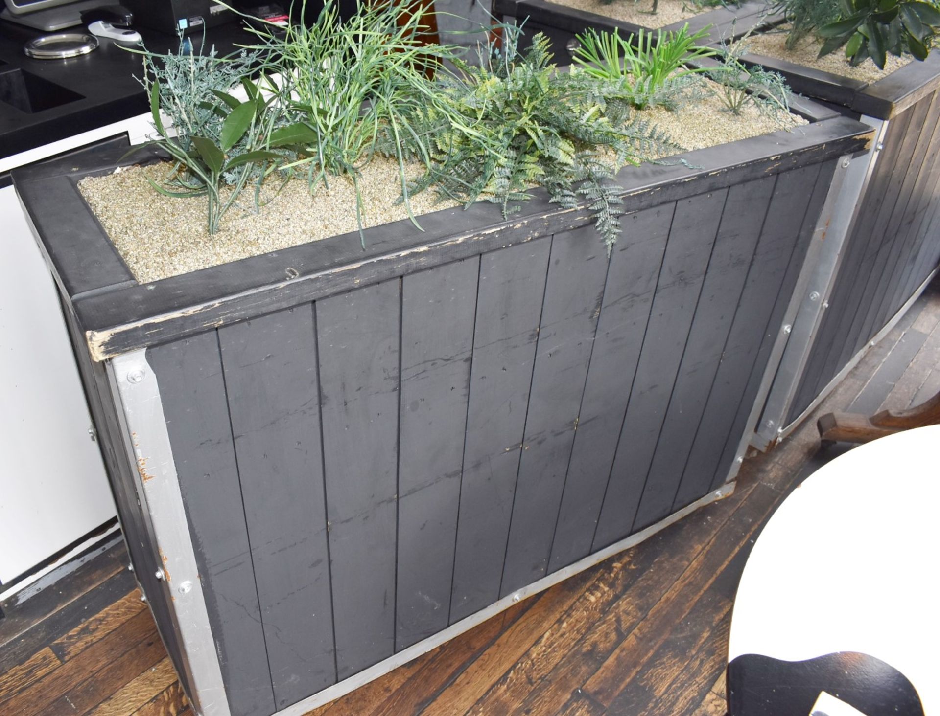 3 x Garden Planters on Wheels With Artificial Plants - Slatted Wooden Design in Grey - Image 5 of 8