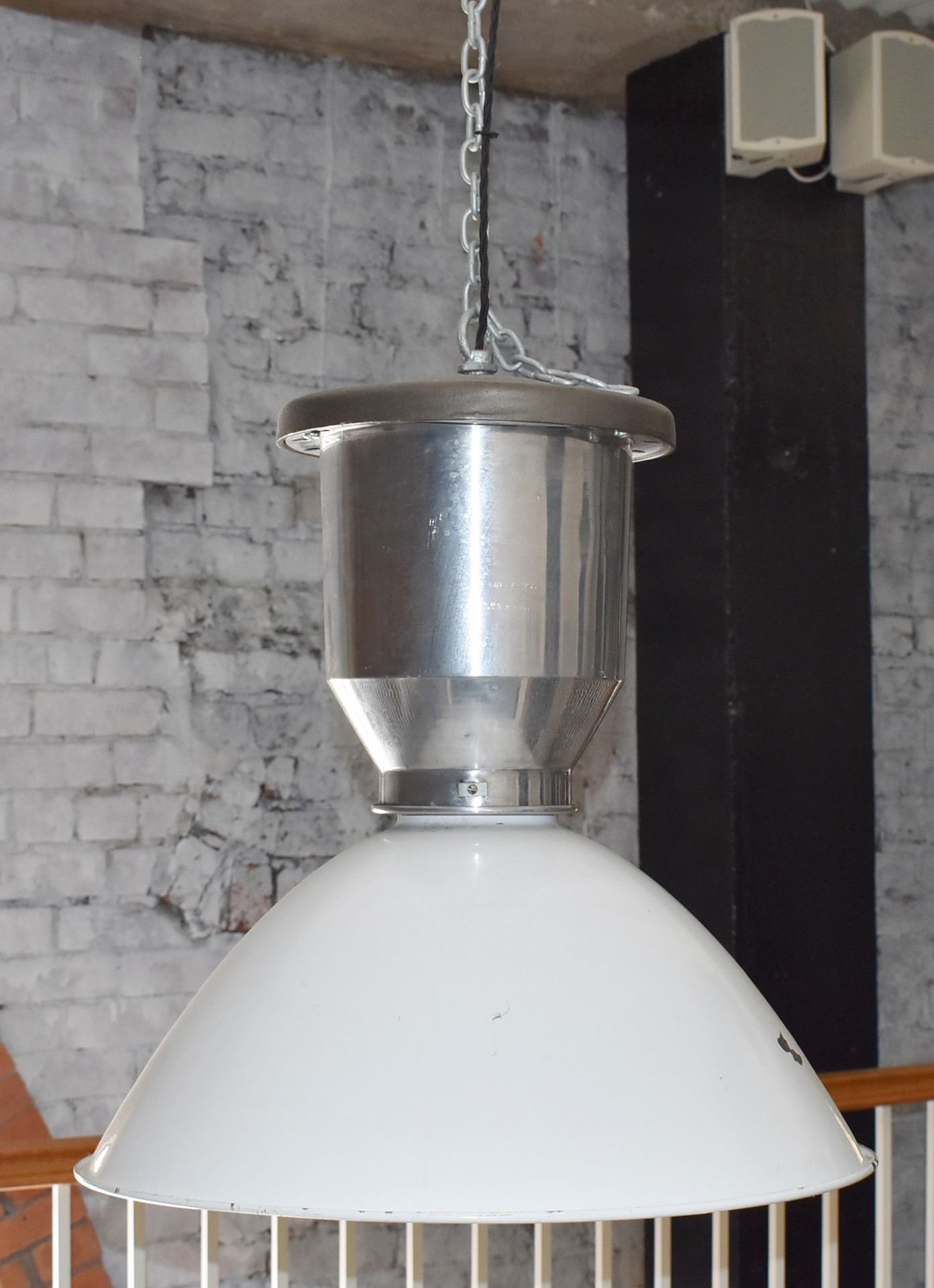 3 x Large Factory Lights With Enamelled Shades, Polished Aluminum Lamp Enclosure and Brushed Steel - Image 3 of 6